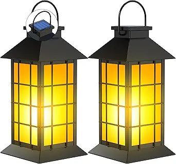2 Pack 13" Black Solar Lantern with Flickering Flame Candle | Outdoor Waterproof Hanging Solar Lanterns, Metal & Glass Lights for Garden Decoration, Rustic Gifts for Mom