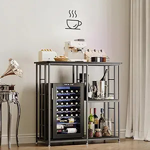 COCOLUCKY mini Fridge Stand with Storage,Coffee bar with mini Fridge Space,Cabinet with Storage,bar Cabinet with Fridge,Microwave Stand,Bakers Rack for Dorm Kitchen(Black Wood Grain)