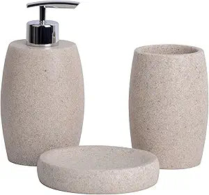 Clasin Home Beige Bathroom Accessories Set 3 PC, Resin Sandstone Look Soap Dispenser, Toothbrush Cup, Soap Dish, Bathroom Soap Dispenser Set for Home Decor and Kitchen