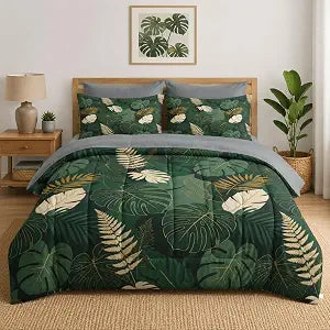 WeCozy 7 Pcs Queen Size Comforter Set with 2 Pillowcases & 2 Shams, Tropical Botanical Leaves Bedding Set for Kids and Adults, Green Sage Bed in a Bag with Flat Sheet and Fitted Sheet