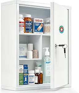 KYODOLED Wall Mount Locking Medicine Cabinet, Large Capacity First Aid Cabinet for Bathroom, Medicine Cabinet with Key, Secure Steel Lock Box for Medication, 15.75" H x 11.82" W x 4.72" D, White