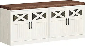 Hzuaneri 2 Tier Shoe Storage Bench with Doors, 47.2" Farmhouse Shoe Bench with Padded Cushion, 12 Pairs of Bed End Bench, Entryway Bench with Storage for Bedroom, Living Room, Rustic White SB61214KA