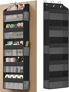 SONGMICS Over-the-Door Organizer, 5-Tier Door Hanging Storage Shelf, Heavy-Duty Closet Hanging Organizer Foldable, Transparent, Pockets, Metal Hooks, Set of 2, Ink Black URDH011BH01