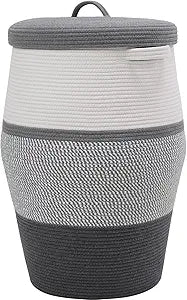 26"x20" Handcrafted Tall Cotton Rope Basket with Lid, Stylish Flagon Shape with Cover, Clothes Hamper with Top, for Bedroom and Living Room, White/Grey Mix/Dark Grey