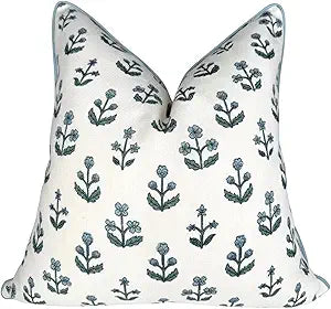 Jillien Harbor "The Beau Floral Block Print Pillow Cover Blue Decorative Throw Pillow Cover with White Background Grandmillennial Home Decor, 20" x 20"