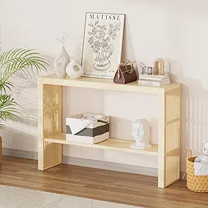 Bamboo 47.2" Narrow Console Table, 2-Tier Farmhouse Side Table, Rectangular Entryway Table, Modern Sofa Table Behind Couch with Storage Shelves for Entrance, Living Room, Hallway, Foyer (Natural)