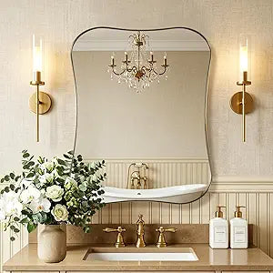 ANDY STAR 24x30'' Gold Bathroom Mirror for Wall, Rounded Corner Scalloped Brass Mirror Butterfly-Shaped in 1 Rustproof Stainless Steel Metal Frame Wall Mounted Vertical/Horizontal for Home Remodel