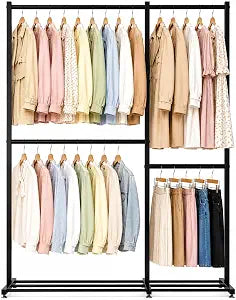 Clothing Rack with 4 Hanging Rod, 47.2" x 17.7" x 69.9", Double Rod Garment Rack with Storage Shelves, Freestanding Closet Organizer for Bedroom, Laundry Room, Portable Metal Clothes Rack, Black