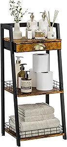 keomaisyto 3-Tier Bathroom Shelves with Canvas Drawer, Floor Bathroom Storage Shelf, Small Storage Stand Rack, Freestanding Ladder Shelf for Living Room Bedroom, Rustic Brown