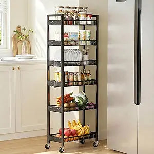 6 Tier Slim Storage Cart, Narrow Rolling Cart with Wheels, Narrow Mobile Utility Shelf Unit Organizer for Kitchen, Bathroom, Laundry Room, Living Room, Small Places, 10in(W), Black