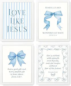 LARTSFRO Coquette Blue Bow Jesus Wall Art Decor Posters, Light Blue Bow Room Bedroom Bathroom Dorm Wall Art Decor Aesthetic for College Teen Girls Gifts, Inspirational Bible Verses Bow Wall Decor, 10x8 Inch Set of 4 Bow Pictures (WHITE FRAMED)