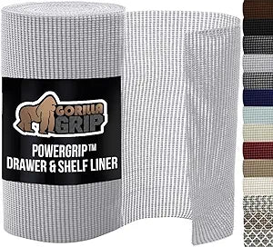 GORILLA GRIP powerGRIP Drawer Shelf and Cabinet Liner, Thick Strong Hold, Non-Adhesive Liners Protect Kitchen Cabinets and Cupboard, Bathroom Drawers, Easy Install, Breathable Mat, 12" x30' Light Gray