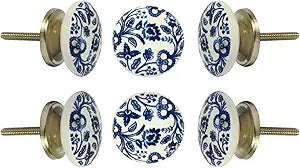 TRINCA-FERRO Set of 12 Ceramic Round Handmade White and Blue Floral Knob for Cabinets Dresser Drawers Laundry Room Closet Doors Knobs for Interior/Exterior | Office | Bedroom | Bathroom | Kitchen |