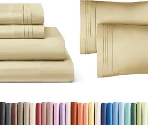 Beige 4-Piece Sheet Set & Pillowcase Bedding Bundle (Queen Size) - Complete Queen Sheet Set & 2 Pillowcases with Deep Pockets up to 16 inches - Comfy, Hotel Luxury Quality - Soft, Breathable & Cooling