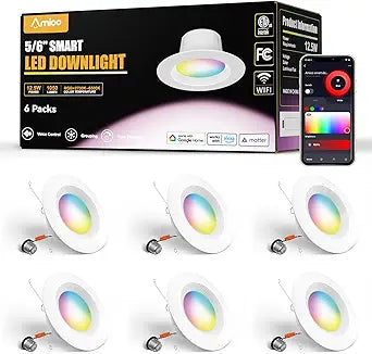 Amico 6 Pack 5/6 Inch Smart WiFi LED Recessed Can Lights, RGBCW Color Changing Retrofit Recessed Lighting, Baffle Trim, APP Control, Dimmer Compatible, 12W=110W 1100LM, IC & ETL