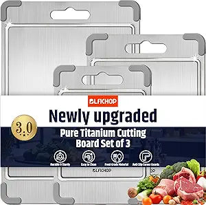 3PCS Titanium Cutting Boards for Kitchen- Food Grade Double Sided Chopping Board with Juice Groove, Removable Anti-Slip Corners, Dishwasher Safe for Meat/Fruits/Vegetables, Grey