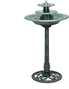 Alpine Corporation 35" Tall 3-Tier Outdoor Pedestal Water Fountain Durable Resin Cascading Water Feature and Birdbath for Garden, Patio, Deck, and Backyard, Green