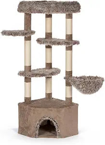 Prevue Pet Products Great Dunes Mountain Cat Tower - Multi-Level Cat Tree with Scratching Posts, Basket Hammock, Hideaway Bed & Perch Platforms, Plush Condo Furniture for Kittens & Adult Felines
