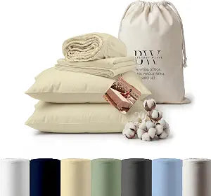 100% Cotton Sheet Set Queen Size 4 PCs Percale Weave Cooling Soft Wrinkle Resistant 16 inches Deep Pocket | 1 Fitted Sheet, 1 Flat Sheet, 2 Pillowcases | Ivory