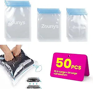 50 Pcs Space Saver Bags 3 Sizes, Vacuum Bags for Travel, Vacuum Seal Bags for Clothing Travel, No Pump Roll Up for Vacuum Packing for Clothing Storage, Home Luggage Essentials (Clear)