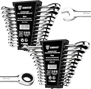 DEKOPRO 24-Piece Ratcheting Combination Wrench Set Metric 8-19mm & SAE 1/4"-7/8", Fixed-Head Ratchet Wrenches Set with Rack Organizer, Cr-V Steel 12 Point 72 Teeth
