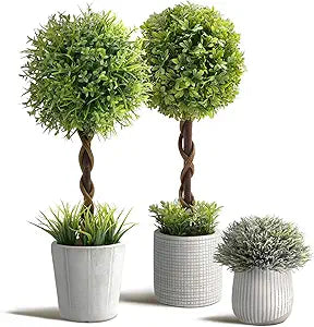3 Pack Small Fake Plants in Farmhouse Concrete Planter, Artificial Boxwood Topiary ball Indoor for Home Decor, Small Faux Plants Indoor for Bathroom Bedroom Shelf Desk Office Table Kitchen Room Decor