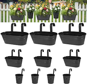 3 Different Size Metal Iron Hanging Flower Pots 10 Pcs for Outdoor Plants Metal Hanging Bucket Pots Iron Railing Fence Planter with Drainage Holes and Hooks for Porch Railing Balcony Fence (Black)