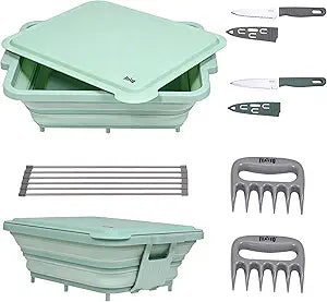 Feasto Collapsible BBQ Prep Tubs with Cutting Board, 9-IN-1, 2 Tubs Portable Grill Prep Station with Side Brackets, Lids, Knives, Meat Claws and Drain Rack, Space-Saving for Kitchen & Camping, Green
