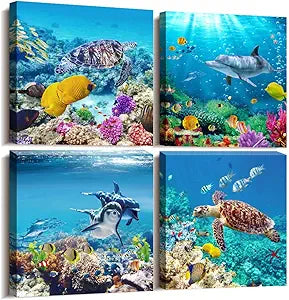 Canvas Wall Art for Living Room- family Bedroom Canvas Pictures Artwork Bathroom Wall Decor- 4 Panels Coral and Sea Fish and Turtles Ocean Theme Stretched and Framed Ready to Hang Modern Home Decor