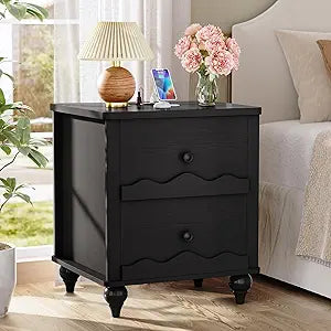 Cyclysio Black Nightstand with Charging Station, Scalloped Bedside Table with 2 Smooth Drawers, Modern End Table with Solid Wood Legs for Bedroom and Small Spaces