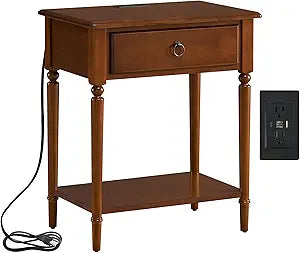 Leick Home Coastal Nightstand, Solid Wood, with USB-C Charging, 1 Drawer and 1 Shelf, Pecan Brown, 20022-PC