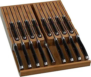 Domax Bamboo In-drawer Knife Block - Knife Drawer Organizer Insert Large Handle Steak Knife Holder, Kitchen Drawer Knife Organizer Fits for 16 knives and 1 Sharpening Steel (Not Included), Walnut