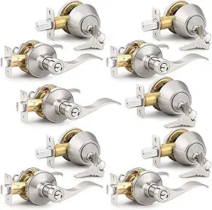 Probrico Exterior Door Lock Set Front Door Handle Lever Keyed Alike Entry Door Lever and Deadbolt Combo Double Cylinder Deadbolts Combo, Exterior and Interior Hardware Satin Nickel, 5 Pack