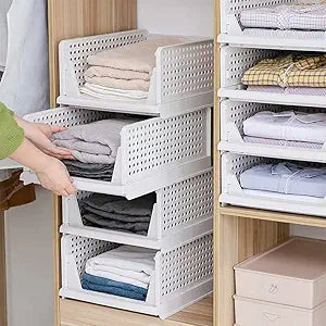 Phyllia 4 Pack Closet Organizers Stackable Storage Bins, Plastic Collapsible Drawer Basket for Kitchen Cabinets, Pantry, Offices, Bedrooms, Bathrooms,White