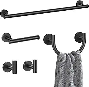 Matte Black Towel Bar Set, 5-Piece Bathroom Hardware Set with Smiley Face Towel Rings, Stainless Steel Wall-Mounted Towel Rack Set 23.6 Inch