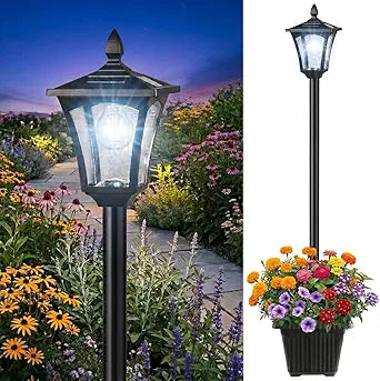 Benany 76" Solar Lamp Post Lights with Planter, Glass & Metal Street Light Outdoor Waterproof, 60 Lumens Dusk to Dawn Solar Pole Light for Garden, Yard, Driveway, Porch, Patio, Cool White
