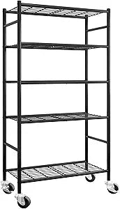 Sakugi Storage Shelves Organizer - 5 Tier Metal Shelf Organizer with Metal Wheels and Adjustable Leveling Feet, Heavy Duty Garage Shelving for Kitchen, Pantry and Closet, 33.1"x12.6"x73.5", Black