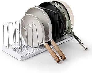 YouCopia StoreMore Expandable Cookware Rack with Tall Steel Wires, 12.5"-22" Wide Adjustable Pan Organizer for Kitchen Cabinet Storage, Premium Edition