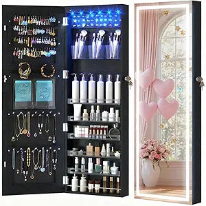 LVSOMT LED Mirror Jewelry Cabinet Door Hanging, Wall Mounted Jewelry Mirror Organizer Full Length, Lockable Jewelry Armoire, Large Capacity, for Small Space Bedroom, Gift for Women, Black