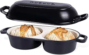 Dutch Oven for Sourdough Bread Baking Enamelled Cast Iron Bread Loaf Pot 500F Oven Safe Non Stick Bread Pot Double Round Loaf Space, 16.5cm Diameter, Black, by Nuovva
