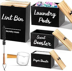 Dandat 4 Pcs Magnetic Laundry Room Organization and Storage Set, Lint Bin with Scoop and Brush Dryer Sheet Holder Laundry Pod Holder Scent Booster Container, Wood Farmhouse Room Container Gift(Black)