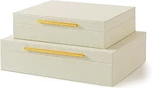 Soul & Lane Faux Leather Decorative Boxes with Lids and Gold Hardware for Home Decor, Set of 2 Stacking Hinged Boxes for Coffee Table and Living Room Shelves, Nesting Remote Control Holder, Ivory