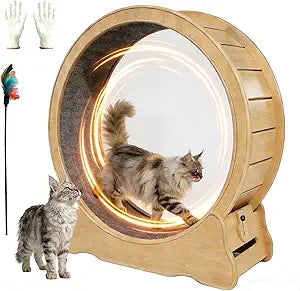 Large Cat Exercise Wheel 41.37'', Indoor Wooden Cats Treadmill with Low Noise & Safety Lock, Detachable Carpet Runway for Cat Fitness, Weight Loss & Entertainment