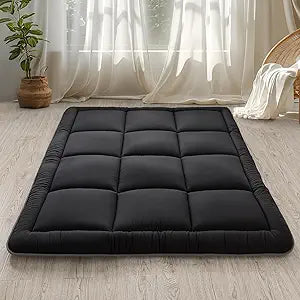 WhatsBedding Japanese Floor Mattress Futon Mattress 3" Black Tatami Mat Shredded Memory Foam Filled Sleeping Pad, Foldable & Portable Roll Up Lounger Camping Bed for Kids and Adult,Queen Size 60"x 80"