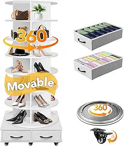 8 Tier Rotating Shoe Rack Tower contains 2 drawers, Spinning Shoe Rack Display Lazy Susan, Revolving 360 Shoe Racks Storage Round Carousel, Equipped with 5 Universal Wheels with Brake Function