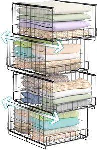 4-Tier Stackable Closet Organizer and Storage Shelves, Sturdy Metal Clothing Baskets, Foldable Space-Saving Bins for Wardrobe, Sweaters & Accessories, Bedroom & Dorm, Black