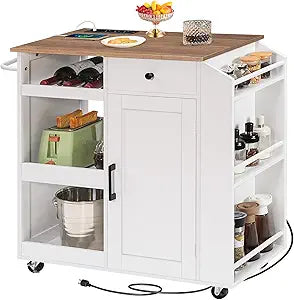 MAHANCRIS Kitchen Island with Power Outlet, Kitchen Storage Island with Drawer, Rolling Kitchen Cart on Wheels, Spice Rack, Towel Rack, Wine Rack, for Dining Room, White and Walnut KIBZ122E01