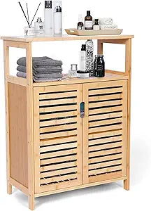 Bamboo Storage Cabinet with Doors, Floor Freestanding Cabinet with Shelves for Bathroom, Kitchen, Living Room