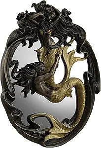 Veronese Design Resin and Glass Wall Mounted Mirrors Holding On Merman & Mermaid in A Fluid Embrace Bronze & Gold Finish Wall Mirror 7.5 X 10 X 0.5 Inches Bronze