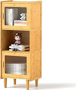 LOKO Bamboo Storage Cabinet, Kitchen Buffet Cabinet with Open Compartment, 3-Cube Bookshelf with 2 Single Doors, Corner Display Cabinet for Living Room, Dining Room, Small Spaces, Natural